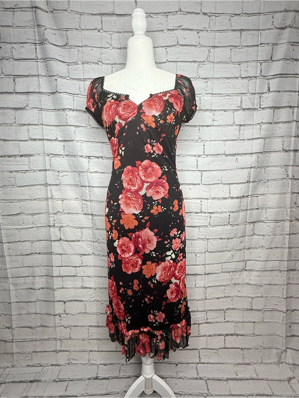 Zinc Vintage Y2K Floral Mesh Babydoll Midi Dress Sz M Whimsigoth Fairy Grunge